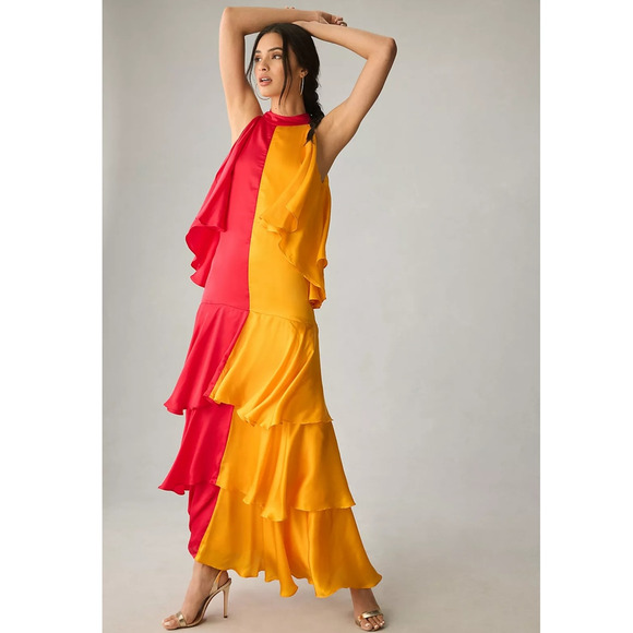 New Anthropologie Pinnacle Shruti Sancheti Mock-Neck Colorblock Ruffle Dress XS - Picture 3 of 8